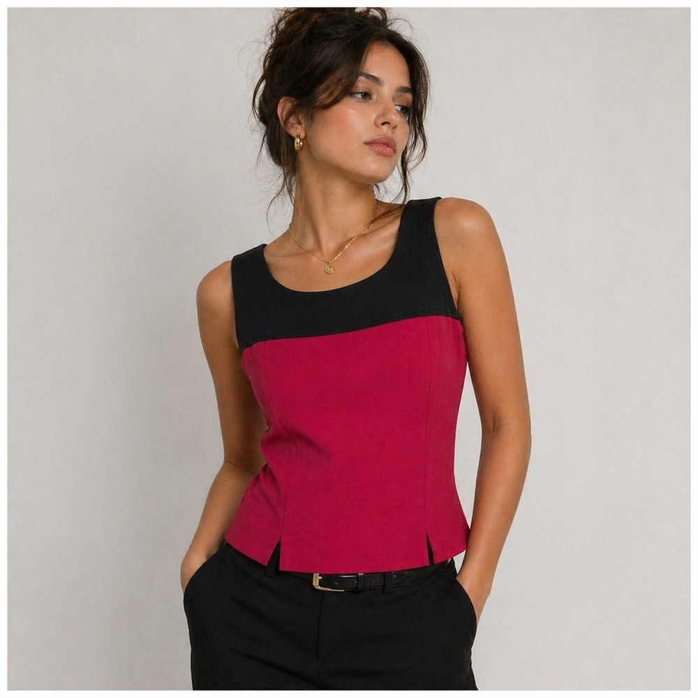 Dressbarn Red Black Colorblock Sleeveless Tank Top Shell Size 8 Vintage‎ Style